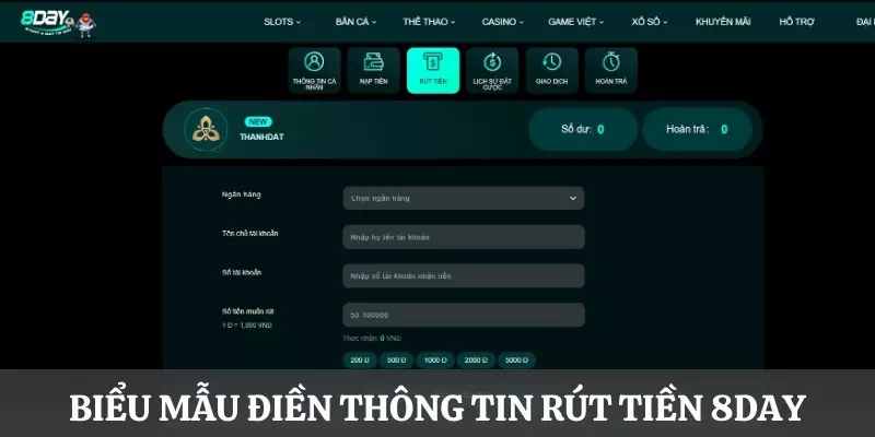 Biểu mẫu điền thông tin rút tiền 8DAY