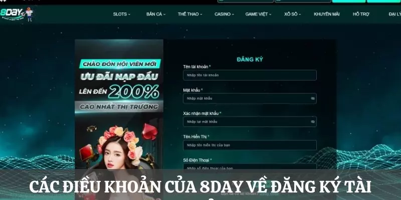 Các điều khoản của 8DAY về đăng ký tài khoản hội viên