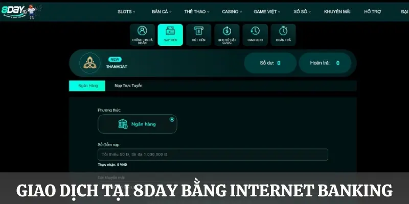 Giao dịch tại 8DAY bằng internet banking